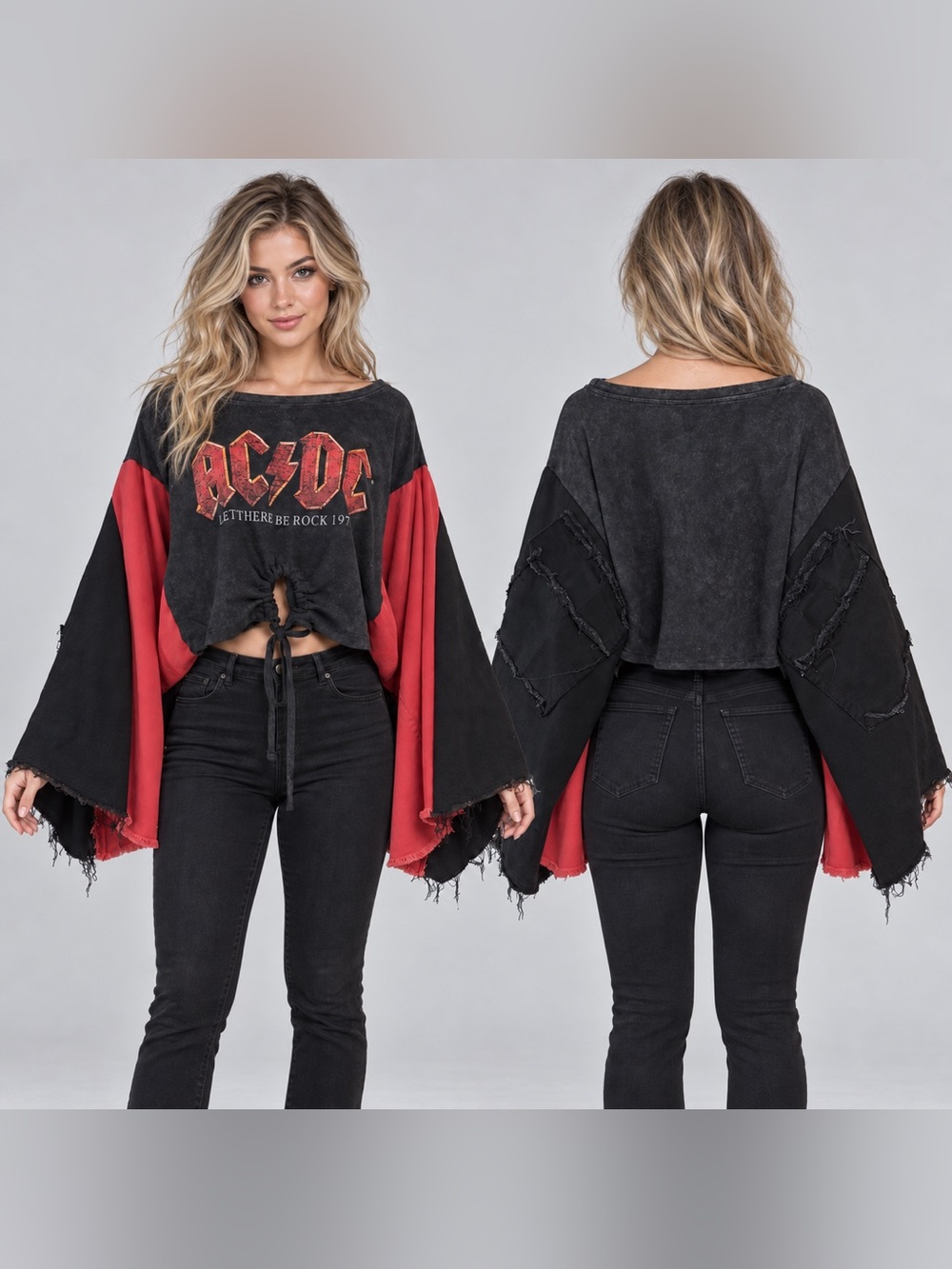 Upcycled AC/DC Oversized sleeve Tie-Front Crop kimono Tee in Black & Red